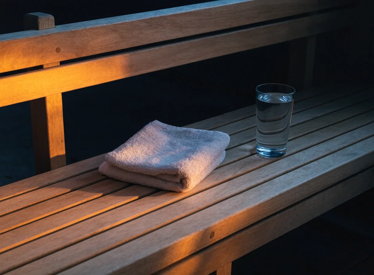 Sauna bench with a folded towel and a glass of water in warm low evening light