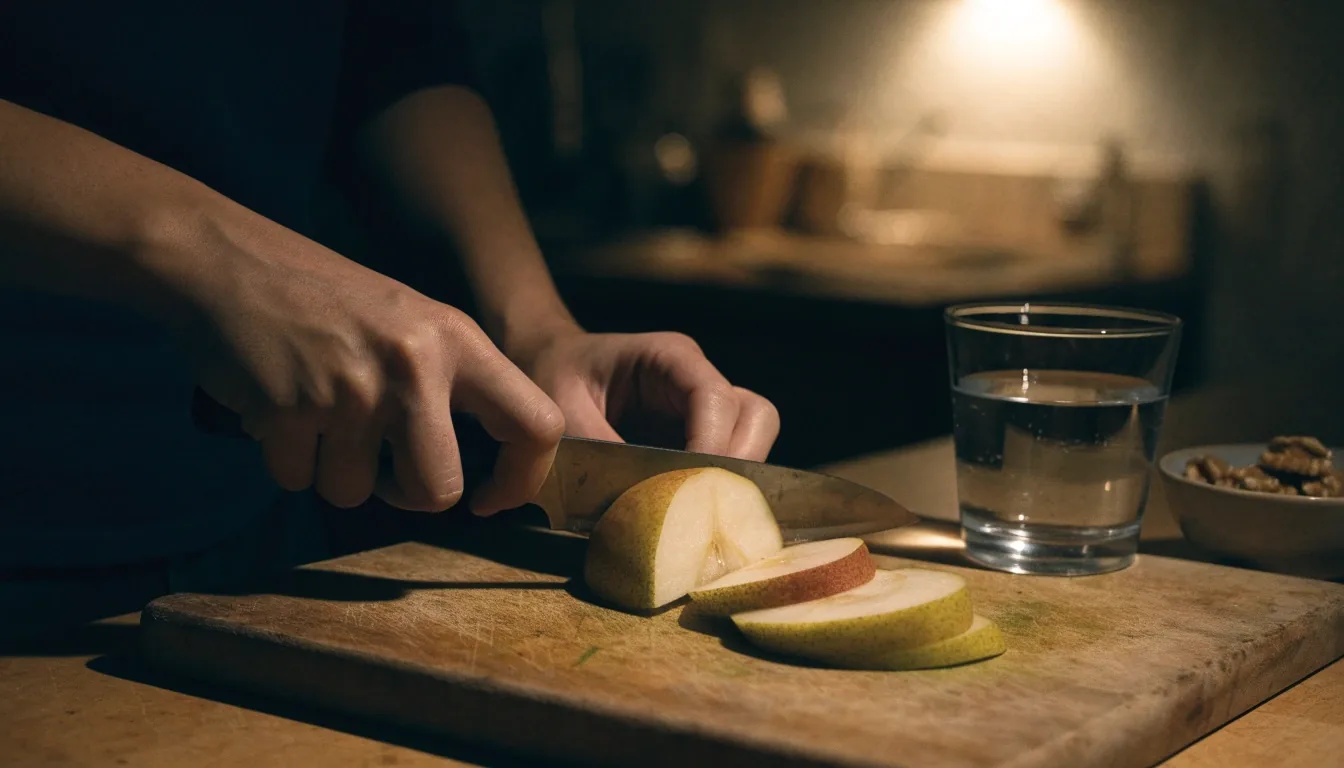 A quiet kitchen table at night under one warm lamp, with a glass of water and a small bowl set aside