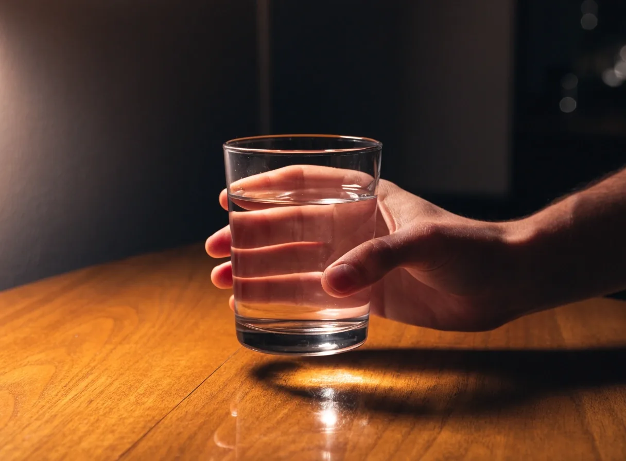 A hand lifting a glass of water from a warm wooden table under evening lamplight