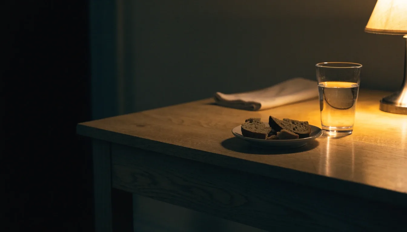 A quiet evening table with a glass of water and a single warm lamp lighting the left-side shadow