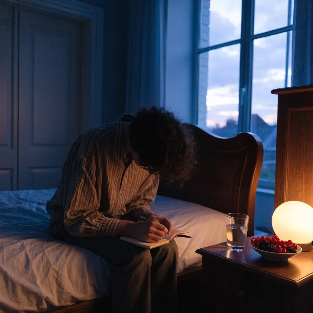 A hand turning a blank page in a small notebook at a night desk lit by one warm lamp