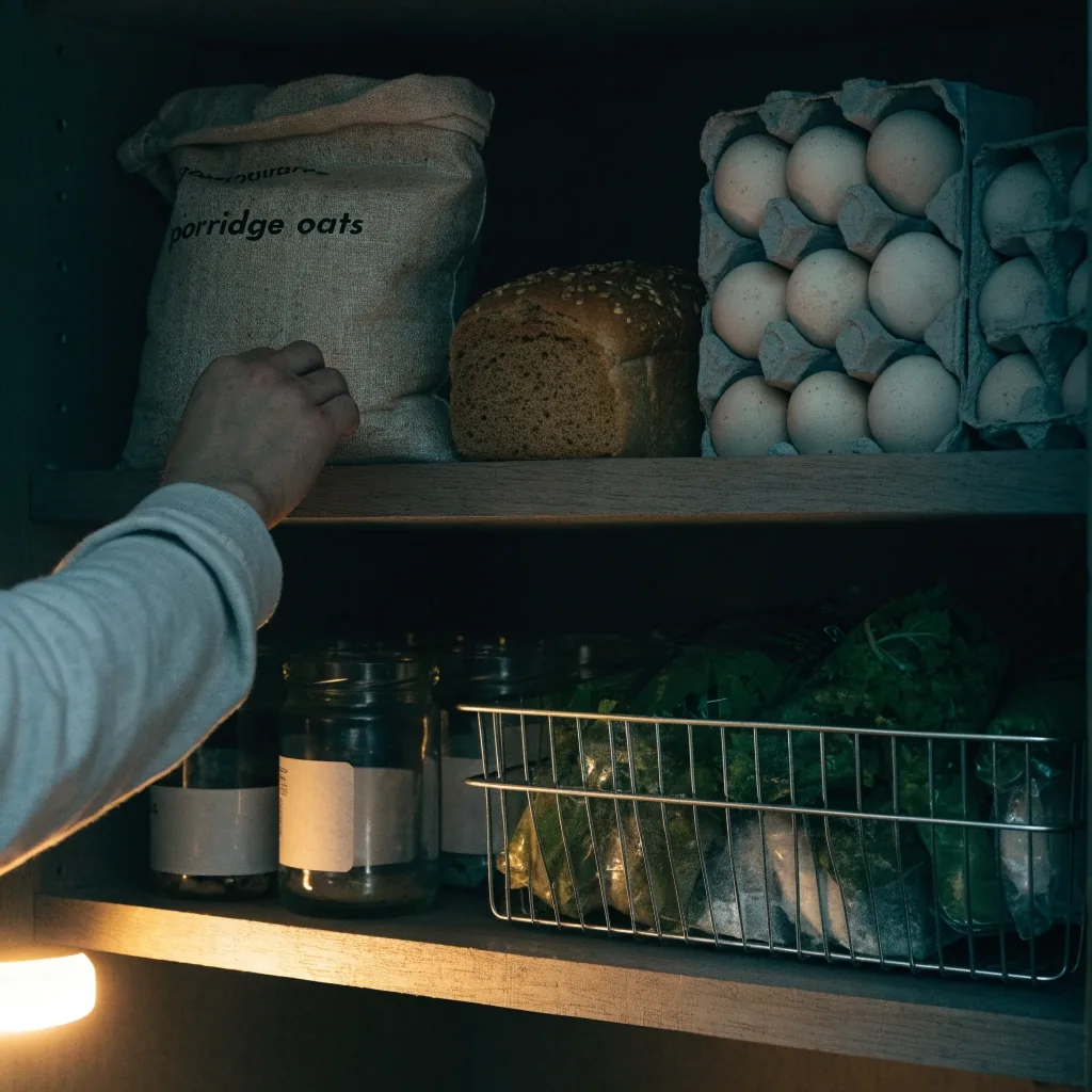 A plainly stocked kitchen cupboard at night with oats, bread, eggs and frozen vegetables lit by a warm lamp