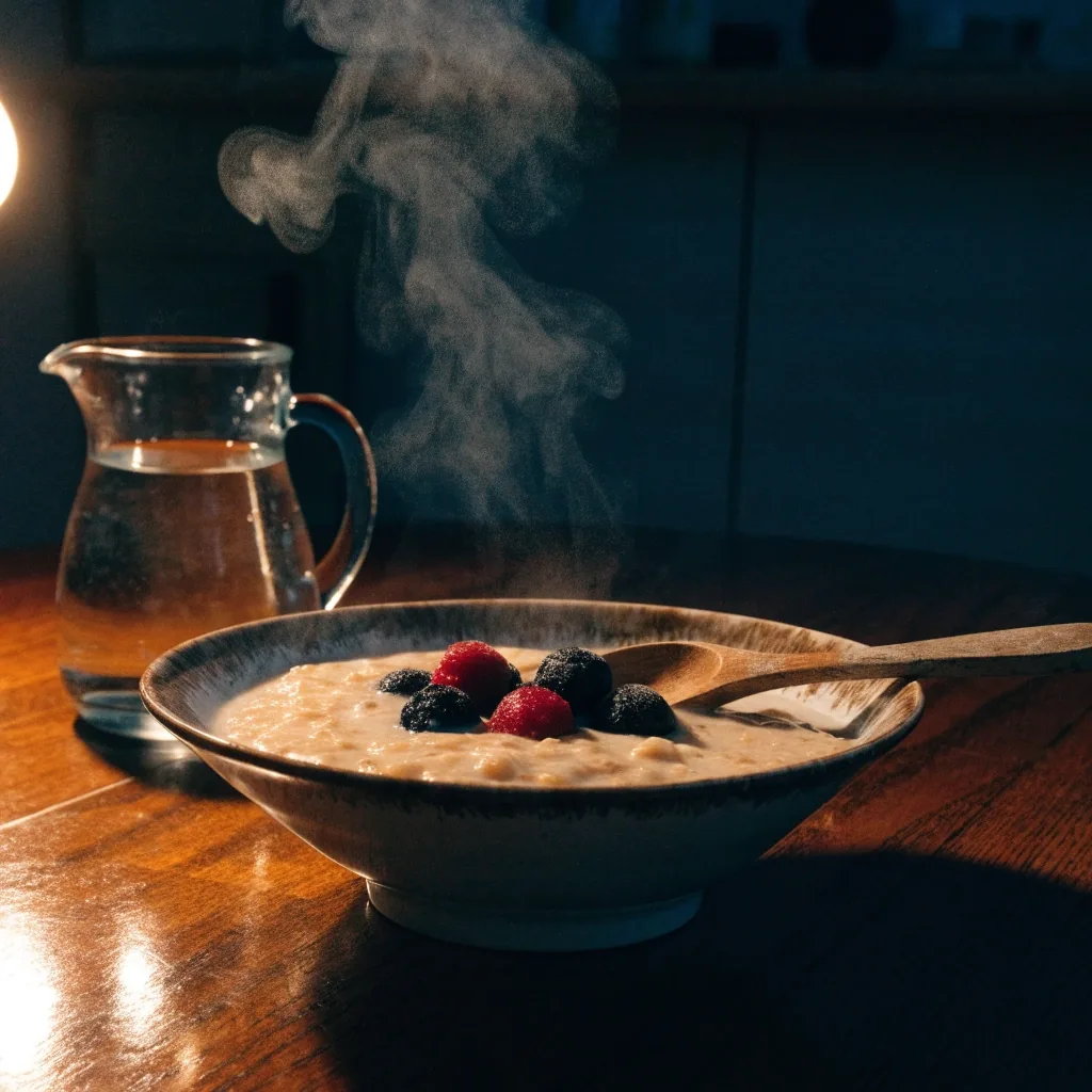 A pot of thick oat porridge with a wooden spoon and a small dish of frozen berries on a dark kitchen counter