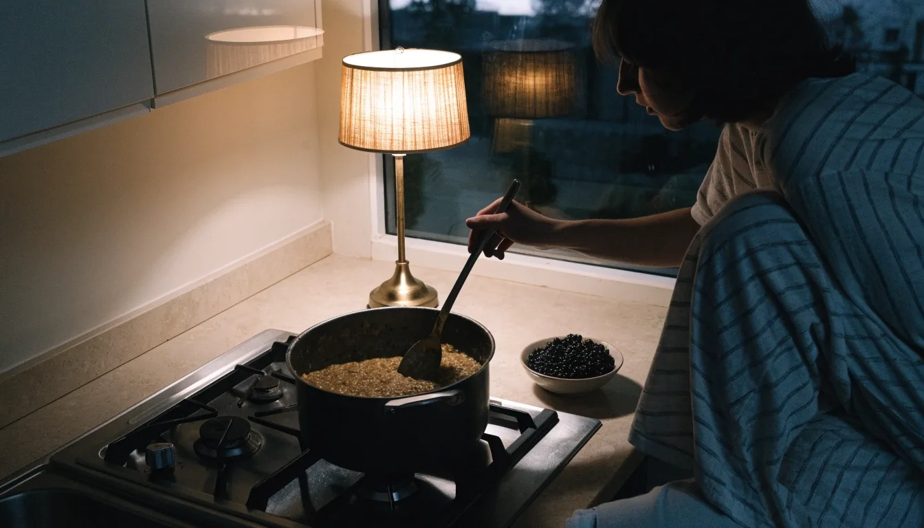 A bowl of dark porridge with berries lit by a single warm lamp on a dark evening kitchen table