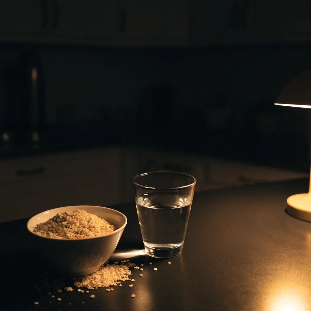 A night kitchen table with a glass of water and a small bowl of oats under one warm lamp, the rest of the room in low light